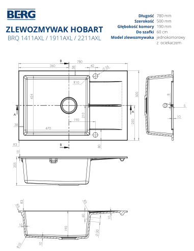 Berg Zlew Hobart BRQ1411AXL 1,0 ONYX - strefy grzewcze