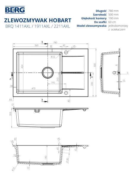 Berg Zlew Hobart BRQ1411AXL 1,0 ONYX - strefy grzewcze